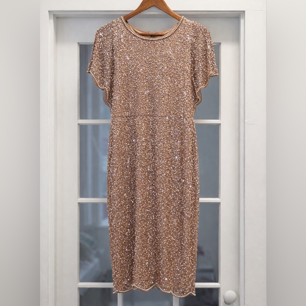 Rose Gold Sequin Beaded Midi Dress Vintage Glam Cocktail Party Dress